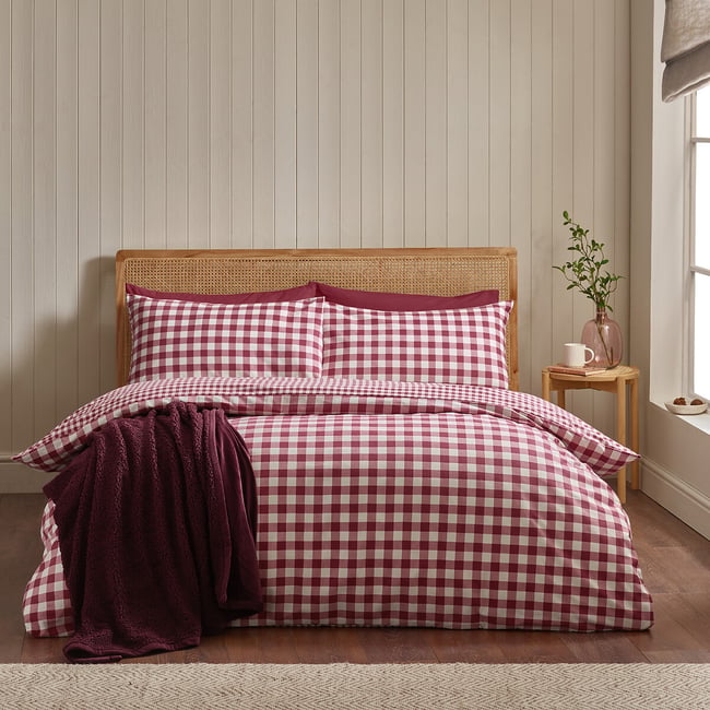 Brushed Gingham Check Reversible Duvet Cover Set, burgundy, CATHERINE LANSFIELD