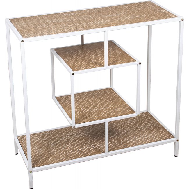 Console en métal, étagères intégrées Couleur blanc satiné avec touches boisées <span itemprop=