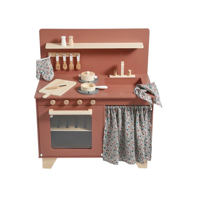 Cuisinette équipée avec rideau en bois framboise <span itemprop=