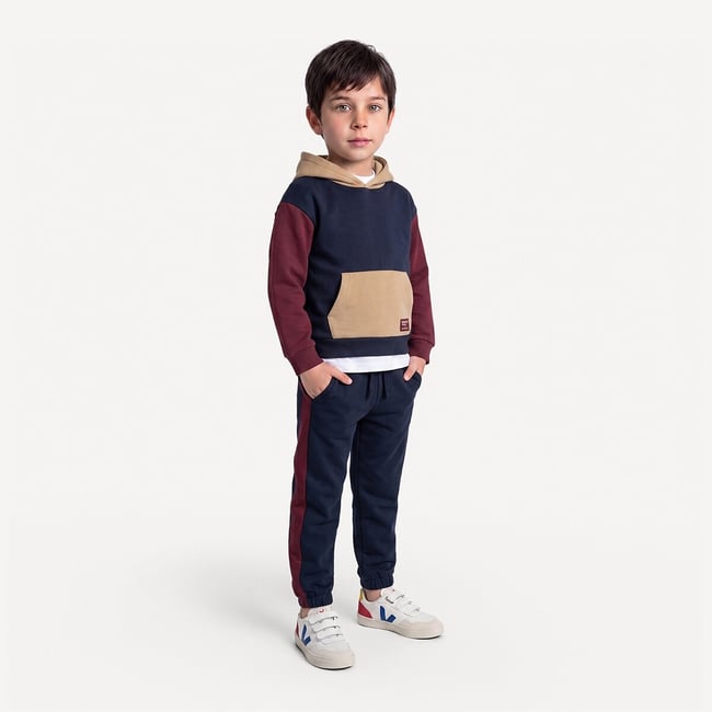 Ensemble 2 pièces, sweat à capuche et pantalon de jogging, en molleton bleu marine/bordeaux <span itemprop=