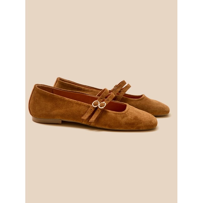 Ballerines 2 brides cuir camel <span itemprop=