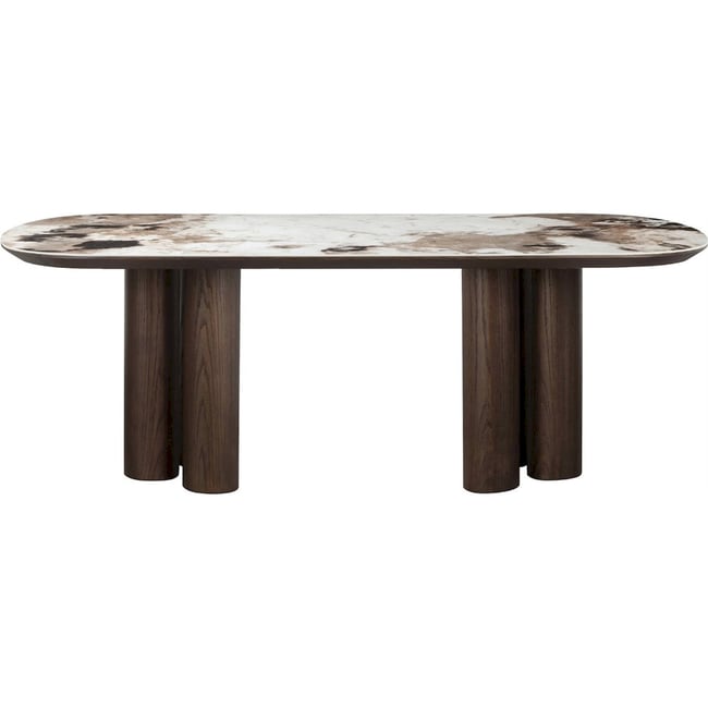 Table à manger rectangulaire en céramique et chêne Langford Couleur marron effet marbre et bois foncé <span itemprop=