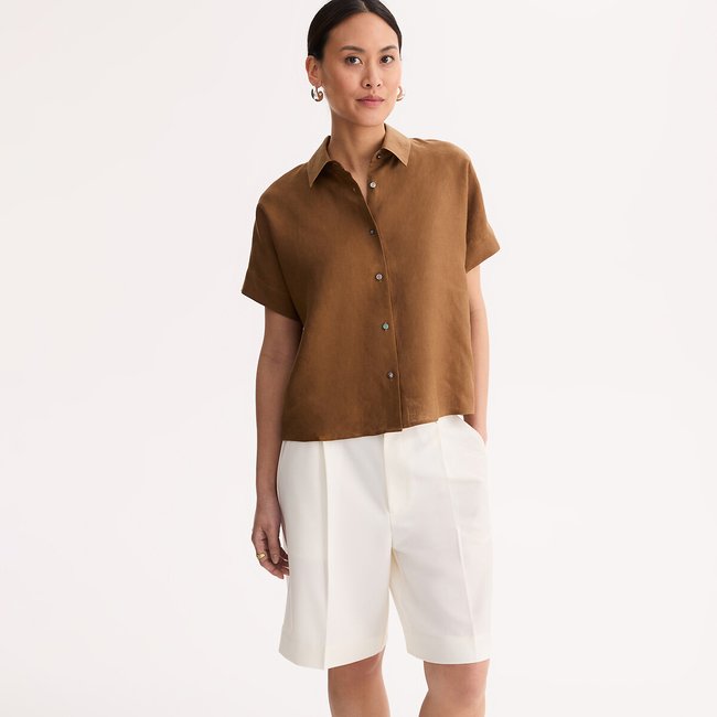 Chemise en lin manches courtes   marron doré <span itemprop=