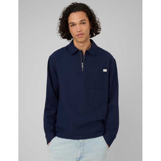 Chemise enfilée zippée manches longues bleu foncé <span itemprop=