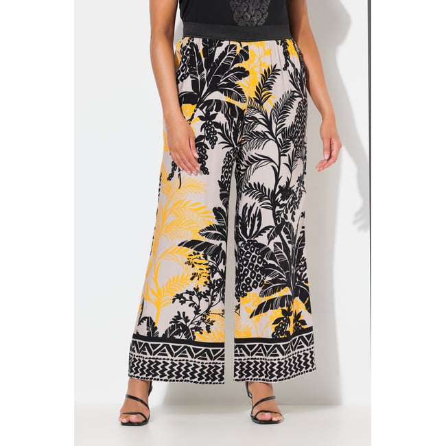 Pantalon à motif palmiers. Jambe droite et gris beige <span itemprop=