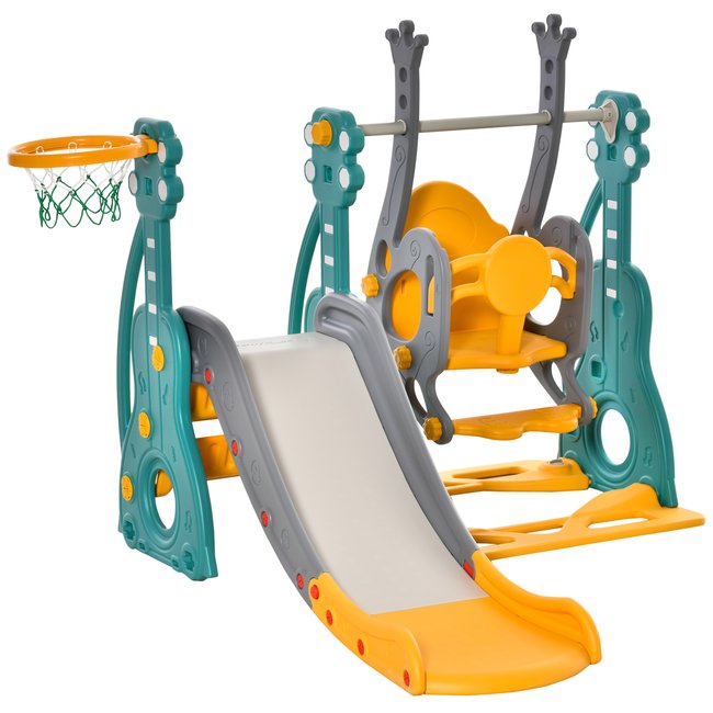 Toboggan et balançoire pour enfants 4 en 1 HDPE et PP bleu jaune bleu <span itemprop=