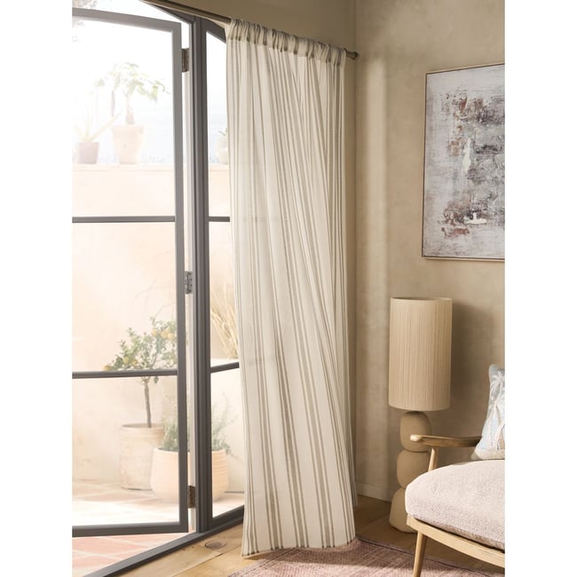 Voilage aspect lin rayé à passants non doublé blanc/naturel <span itemprop=