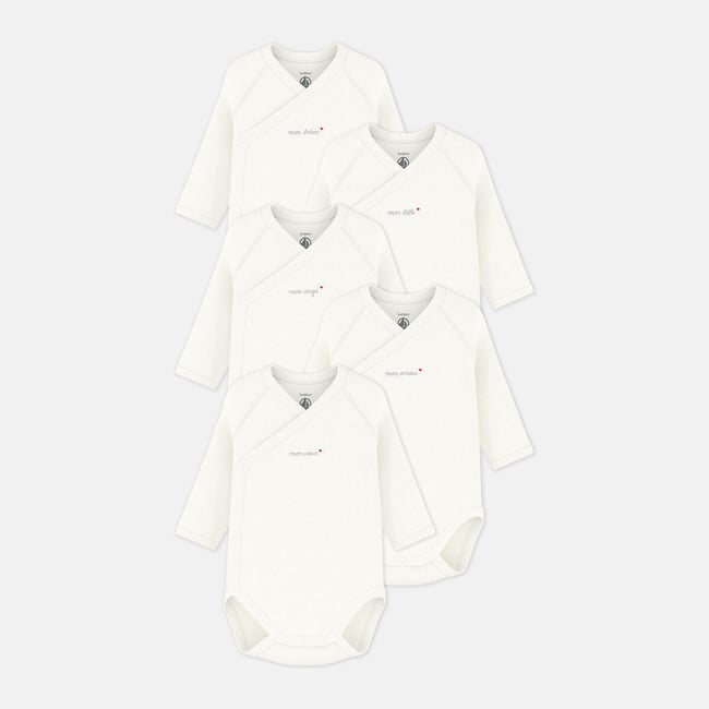 Confezione da 5 body nascita a maniche lunghe bianco PETIT BATEAU