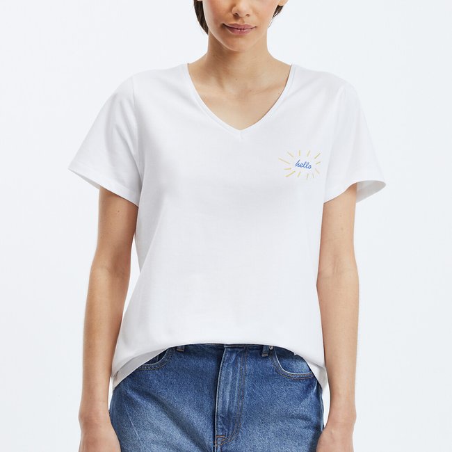 T-Shirt mit V-Ausschnitt, Stickerei an der Brust weiss hello <span itemprop=