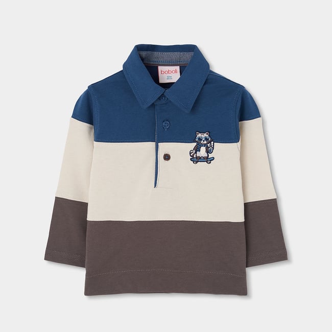 Polo garçon maille brodé raton laveur bleu <span itemprop=