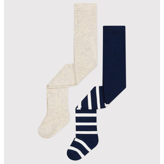 Pack of 2 Tights in Cotton Mix, white + blue, PETIT BATEAU