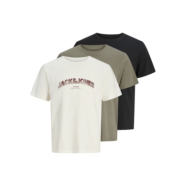 Pack of 3 Short Sleeve T-Shirts, black+white+khaki, JACK & JONES