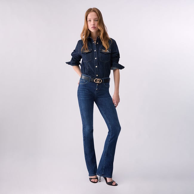 Jean bootcut avec boutons bijoux denim bleu <span itemprop=