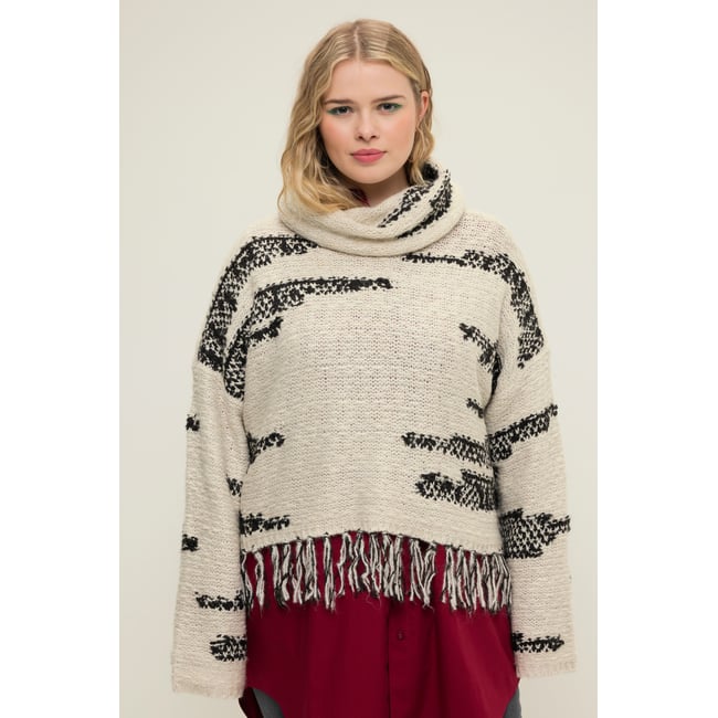 Pull à col roulé, oversized, maille Jacquard blanc cassé <span itemprop=