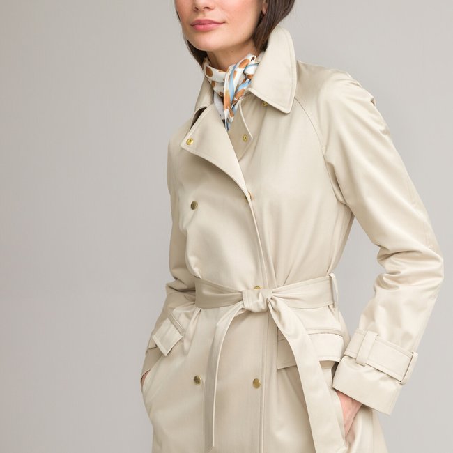 Trench mi-long fermeture boutonnée, mi-saison camel <span itemprop=