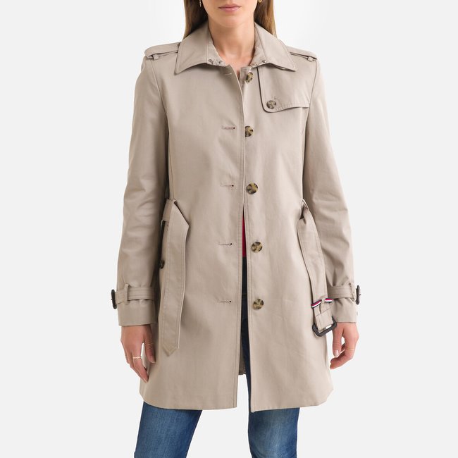 Trench mi-long boutonné ceinturé beige <span itemprop=