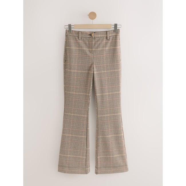 Pantalon évasé en maille point de rome marron à carreaux <span itemprop=