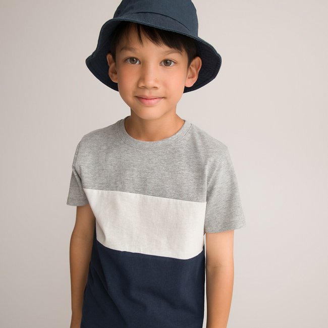 T-shirt com gola redonda colorblock azul-marinho/branco/cinza-mesclado <span itemprop=