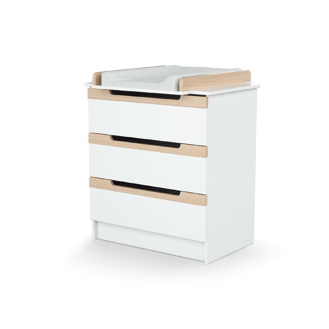 Commode à langer 3 tiroirs en bois CARROUSEL blanc et hêtre verni <span itemprop=