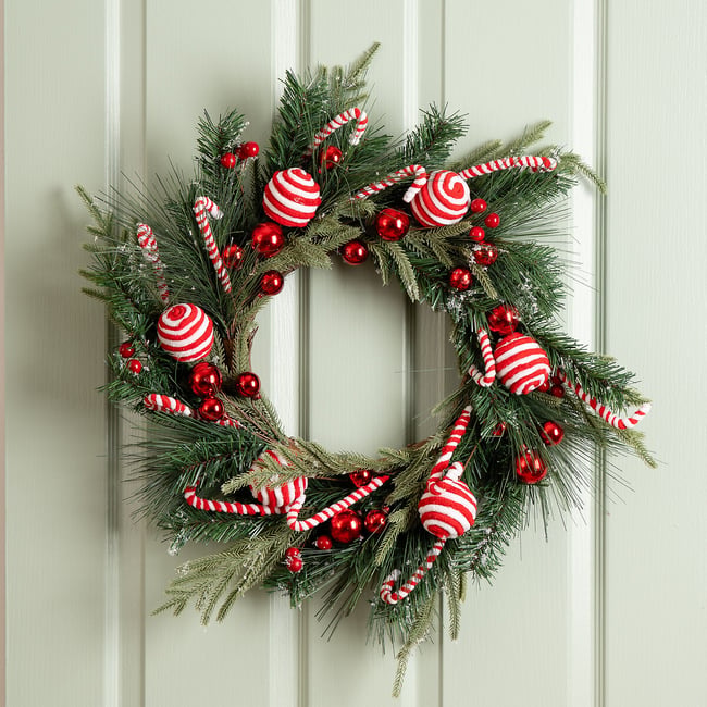 80cm Oversized Wreath with Red Velvet Bow, green, SO'HOME