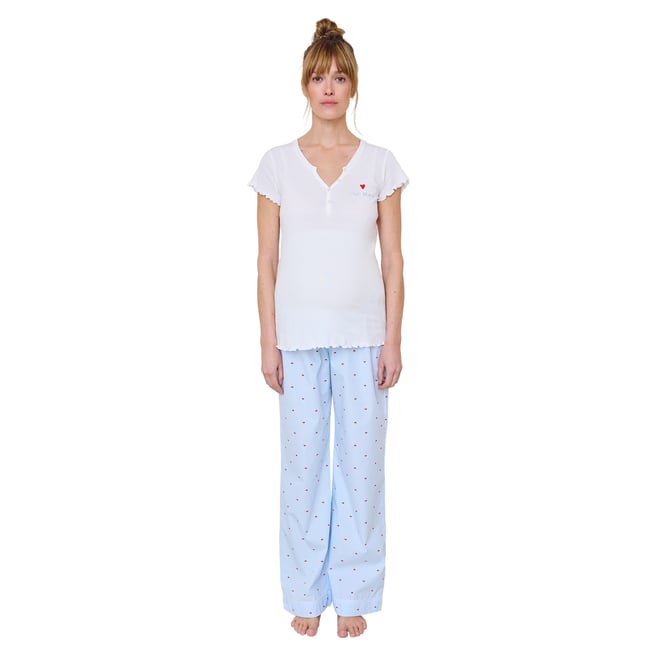 Pyjama coeurs grossesse et allaitement bleu ciel <span itemprop=