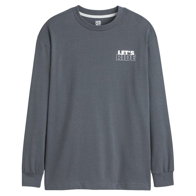 Cotton Long Sleeve T-Shirt with Slogan Print on Back, charcoal grey, LA REDOUTE COLLECTIONS