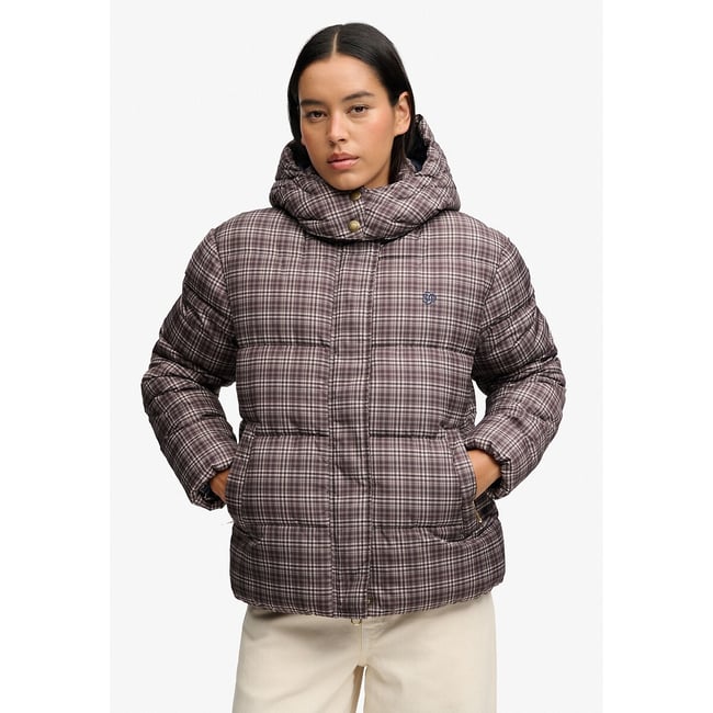 Blusão acolchoado com padrão xadrez premium quadrados castanho <span itemprop=