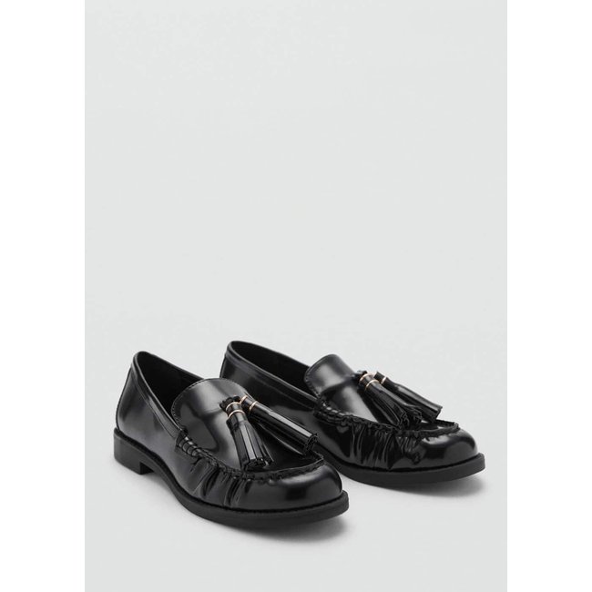 Mocassins cuir pompons noir <span itemprop=