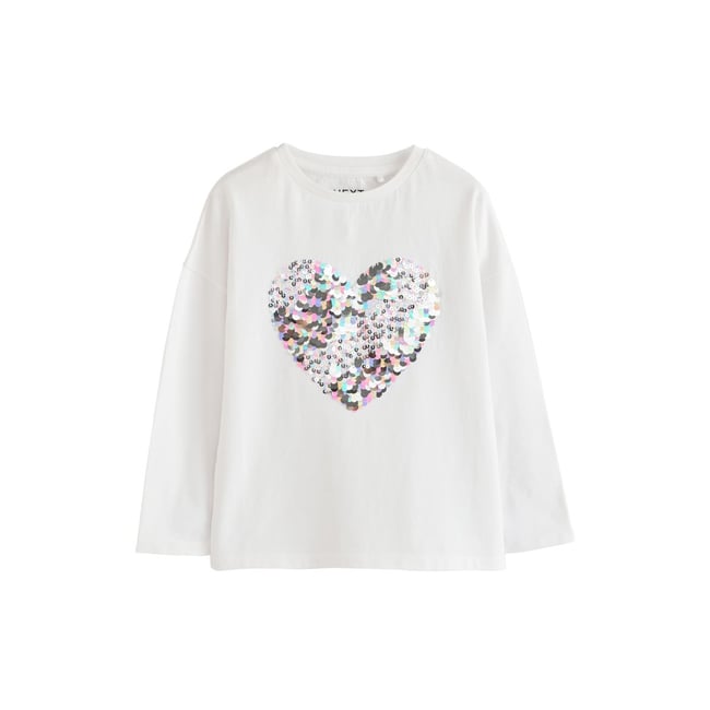 Haut à manches longues, cœurs et sequins blanc <span itemprop=