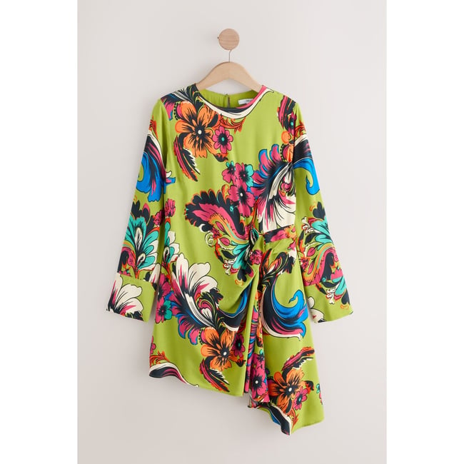 Robe asymétrique courte drapée à tapisserie imprimée vert citron <span itemprop=