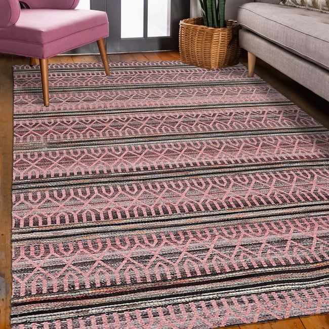 Tapis entrée fait à la main motif ethnique VORELA Couleur rose <span itemprop=