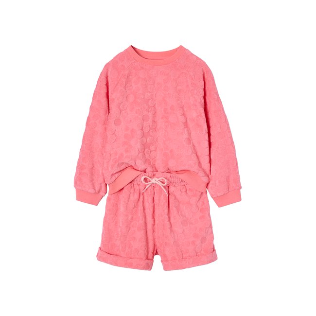 Ensemble sweat et short fleurs en éponge rose bonbon <span itemprop=
