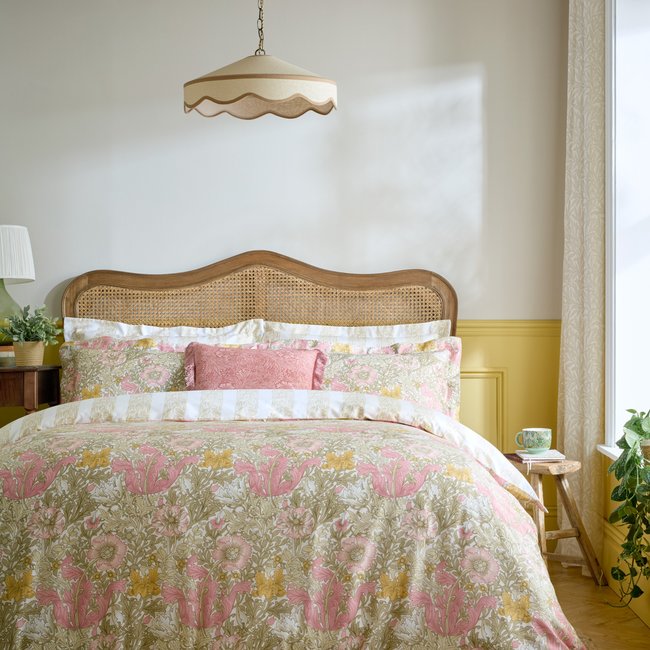 Parure de lit, housse de couette fleurie/rayures + 2 taies pour grand  lit 2 personnes Tulipes et chèvrefeuille vert, rose, ocre <span itemprop=