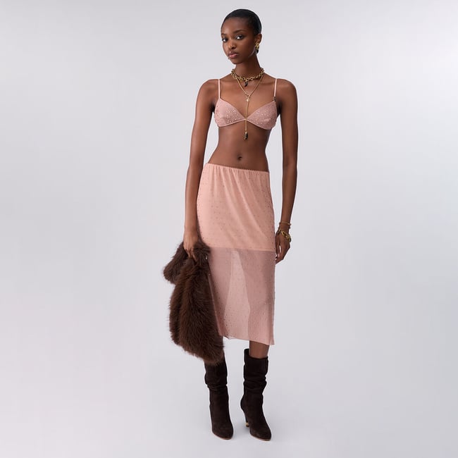 Jupe midi en tulle brodé chair <span itemprop=