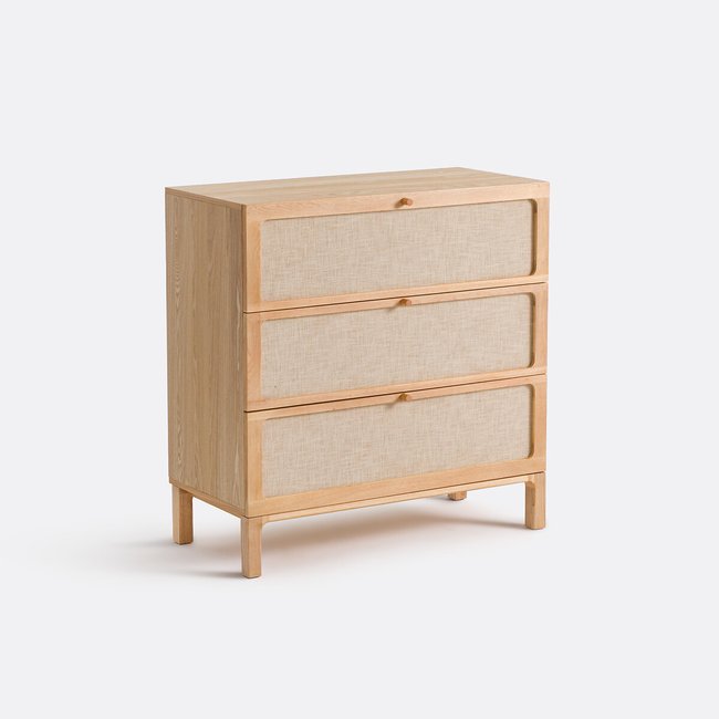 Commode 3 tiroirs, plaqué frêne et lin, Esmara Couleur teinté chêne /lin <span itemprop=