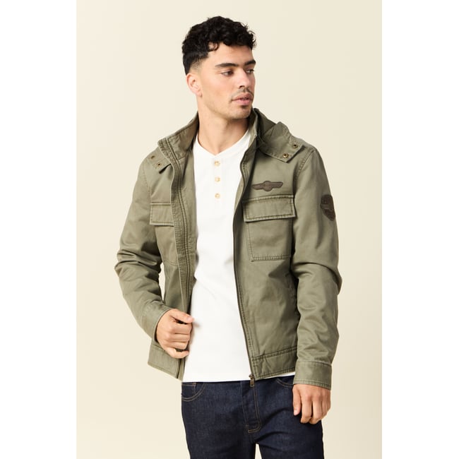 Blouson col montant à capuche vert kaki <span itemprop=