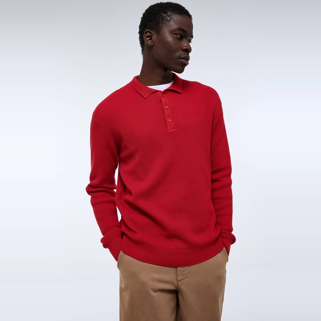 Pull col polo boutonné en coton BIO GOTS scarlet <span itemprop=