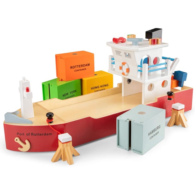 Bateau-container avec 4 containers rouge <span itemprop=