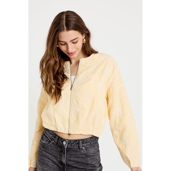 Veste cropped bas resserré jaune clair <span itemprop=