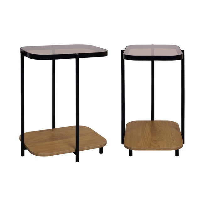 Bouts de canapé, sellette vintage métal et décor bois plateaux en verre (lot de 2) SMOOKY Couleur naturel <span itemprop=