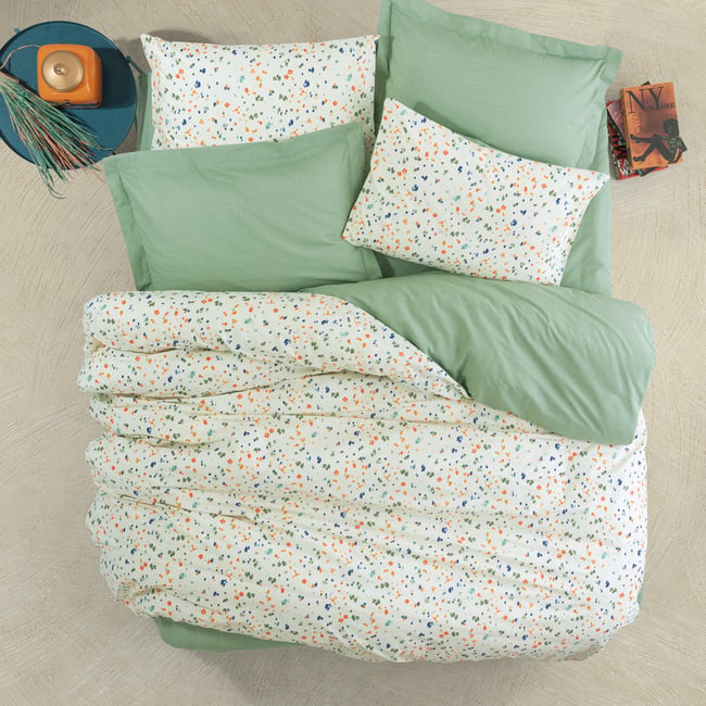 Parure housse de couette coton imprimée confettis, Lola vert <span itemprop=