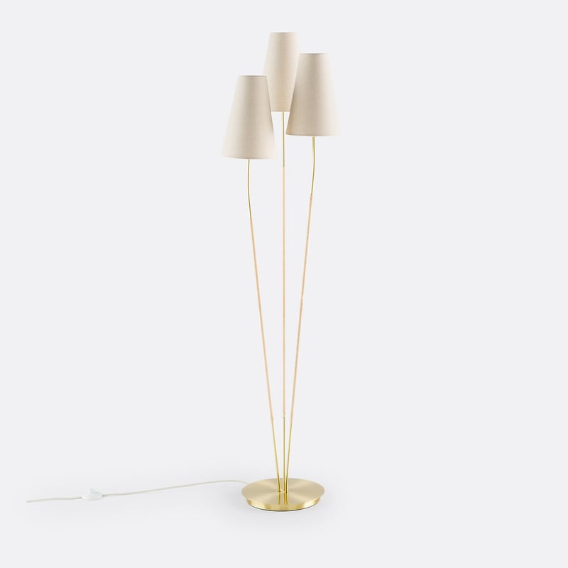 Dreifach-stehlampe Amaya, Messing, Leinen & Rattan