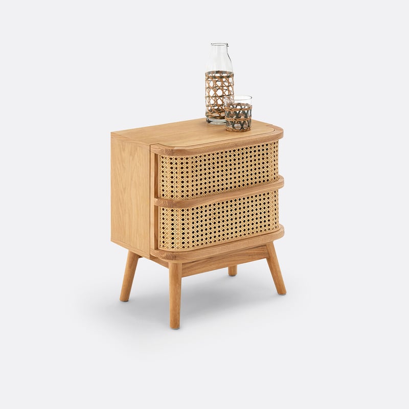 Table de chevet en bois et cannage, meuble compact sur pieds