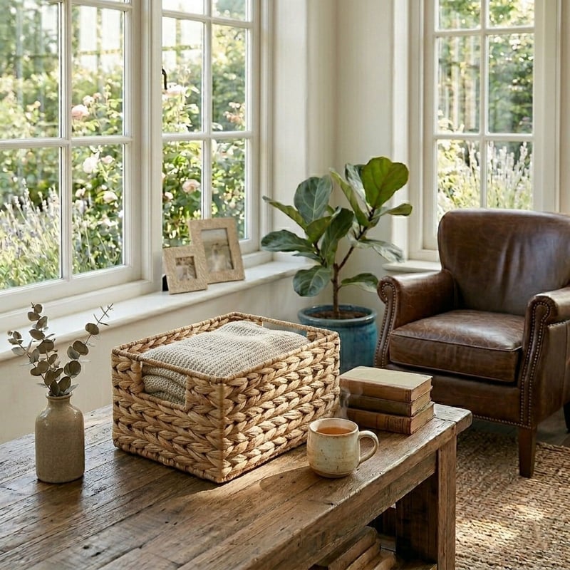 Panier de rangement en osier sur table, dans un salon lumineux.