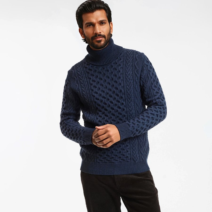 Signatures gauthier turtleneck jumper in cable knit, denim blue