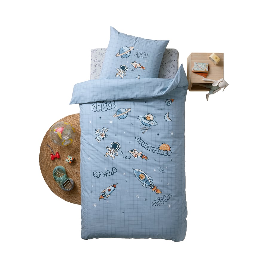 VERTBAUDET Parure Housse Couette + Taie Réversible Carreaux & Vélos - Coton Recyclé 140x150 + 63x63 Bleu