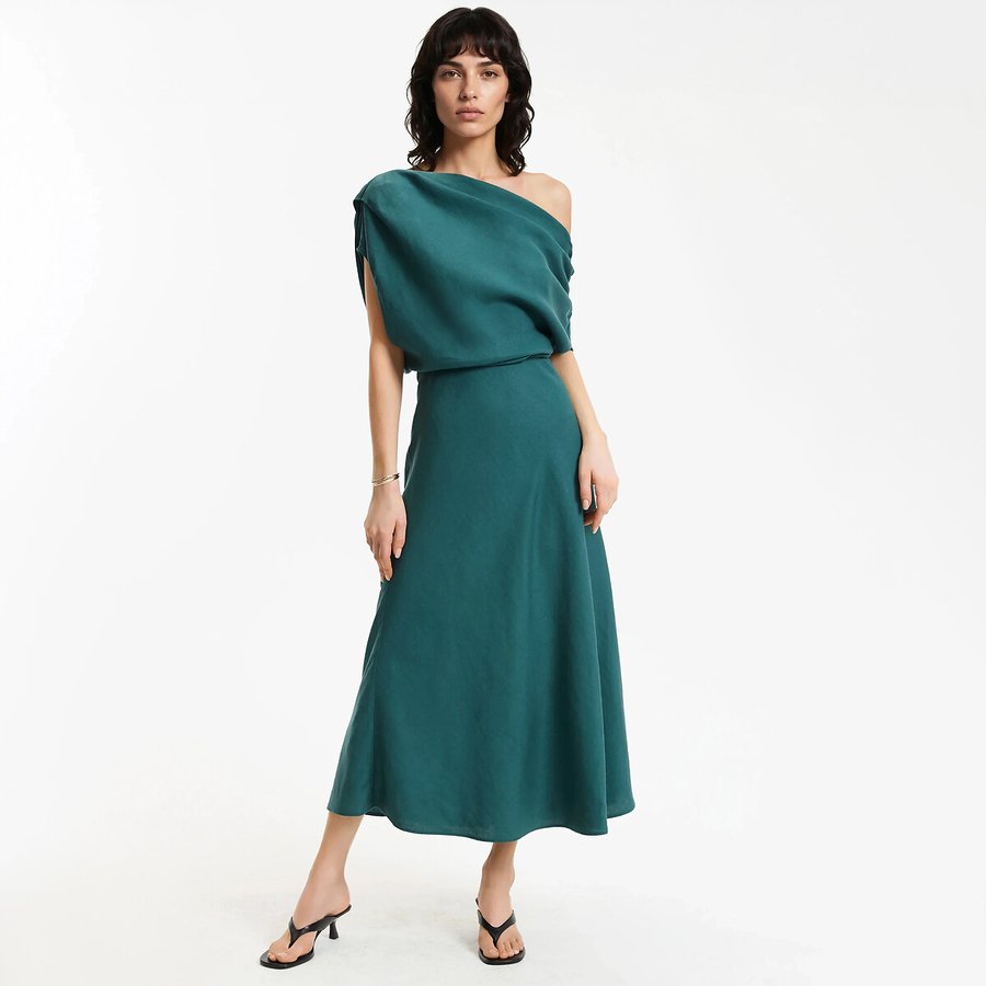 Asymmetric draped collar midi dress, emerald green, La Redoute Collections  | La Redoute