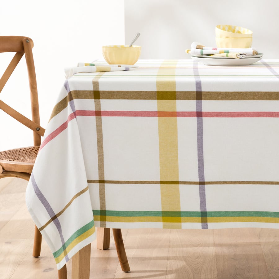 Laolitou Nappe à Carreaux Avec Pompons 259x140 Cm - Coton Et Lin Lavable, Beige - Pour Table Rectangulaire Jusqu'à 2,3 M