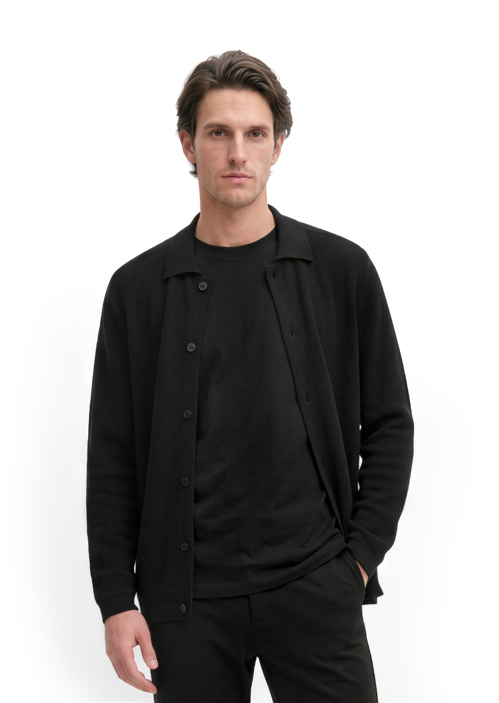 Cardigan polo coupe classique en laine mérinos fine, MARC O'POLO