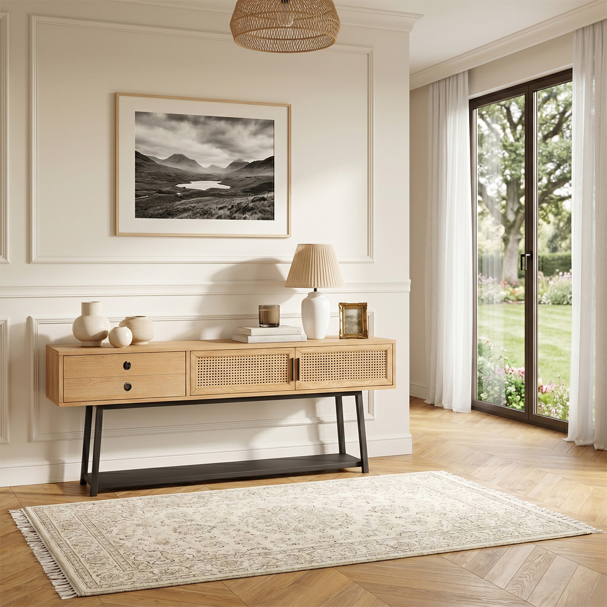 Console style scandinave, 2 portes, 1 tiroir, chêne et cannage LALALA, ROBIN DES BOIS